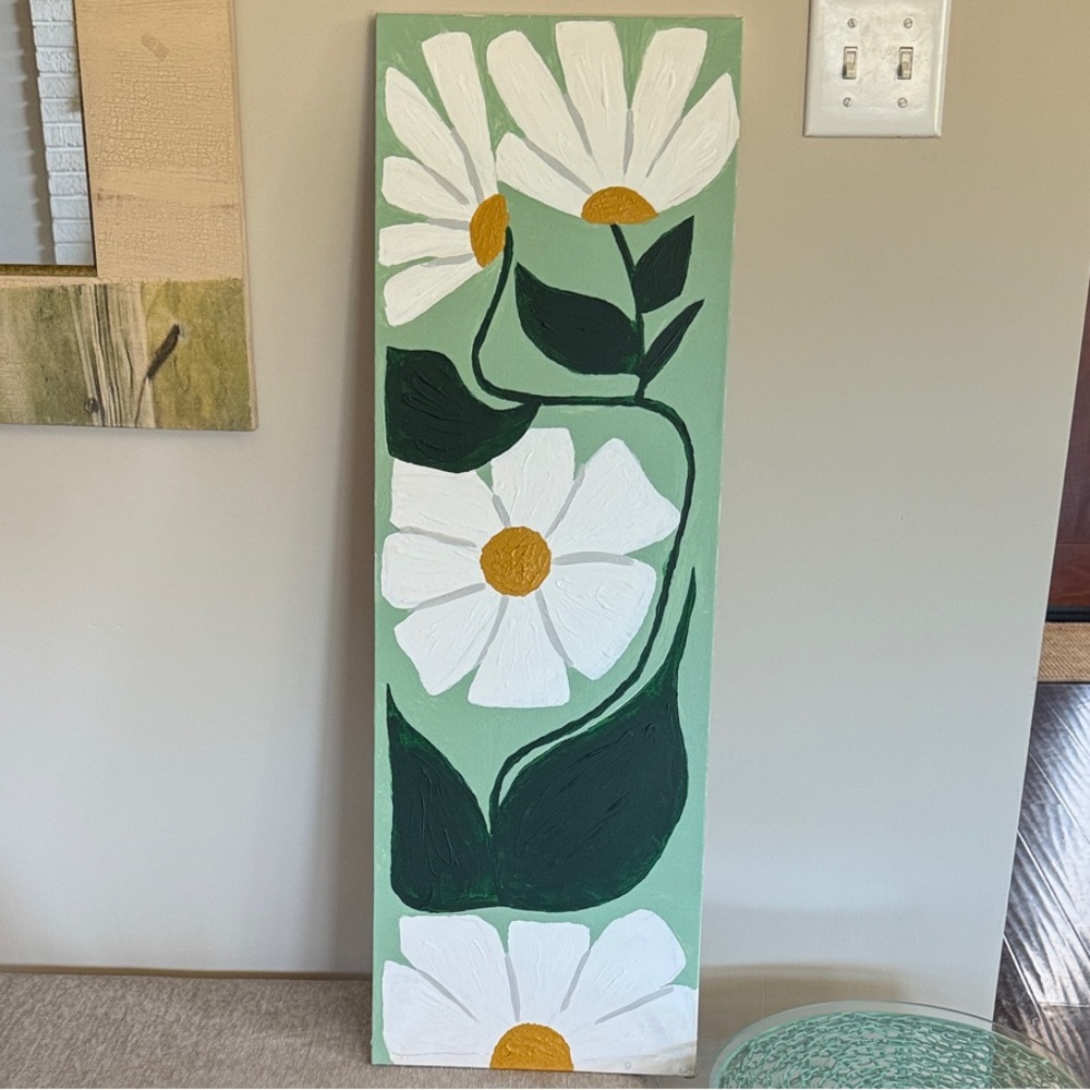 Original Acrylic Floral Painting, Green and White